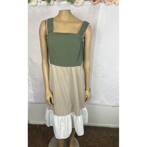52seven Colorblock Midi Dress 1X Olive Green Tan White Smocked Back Ruffle Hem
